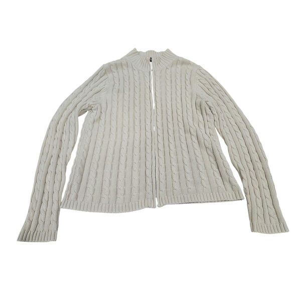 LL Bean Cream Mock Neck Full Zip Cable Knit Cotton Cardigan Sweater MEDIUM - Picture 1 of 6